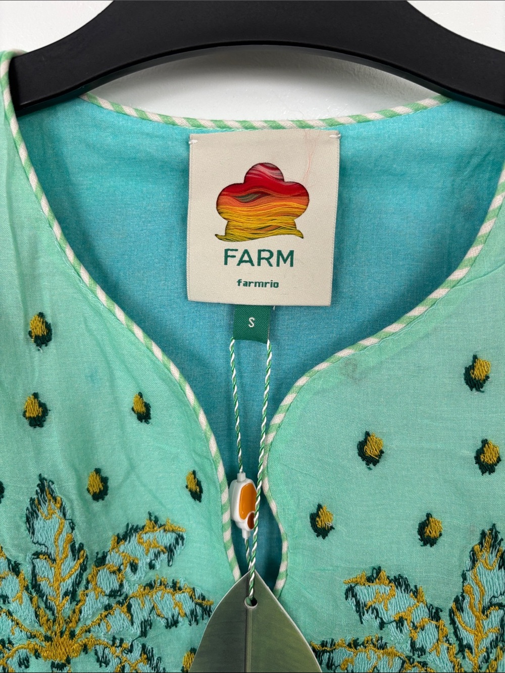 FARM RIO Brazilian Tropical Turquoise Palm Tree Tapestry Yoke Blouse - Picture 6 of 8